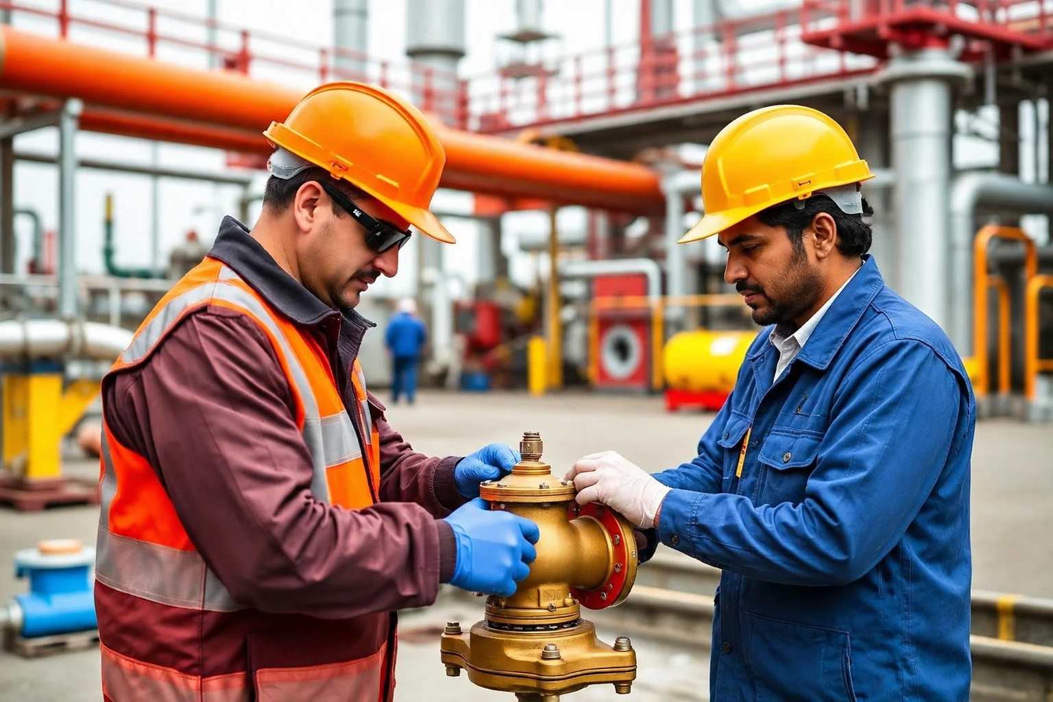 Empower Solutions technicians performing on-site valve calibration at an Oman industrial facility
